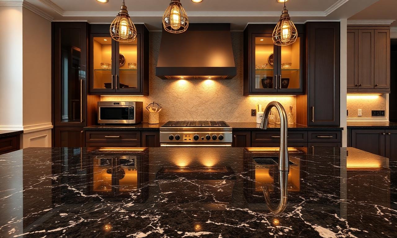 Luxury kitchen with polished Black Aswan Egyptian granite countertop