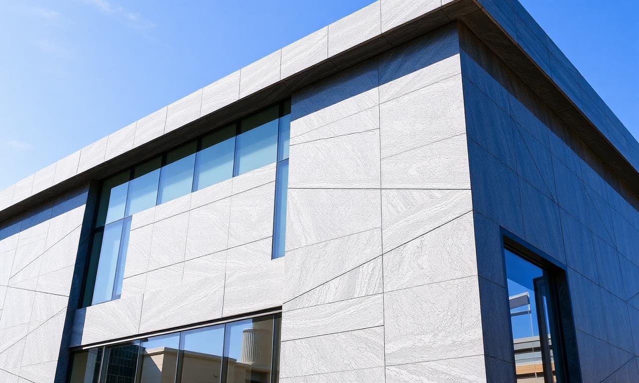 Modern commercial building exterior clad in polished grey Egyptian granite façade panels