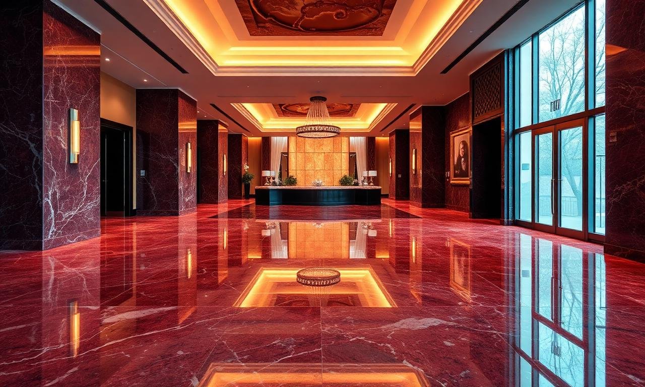 Luxury hotel lobby with large-format polished red Egyptian granite flooring