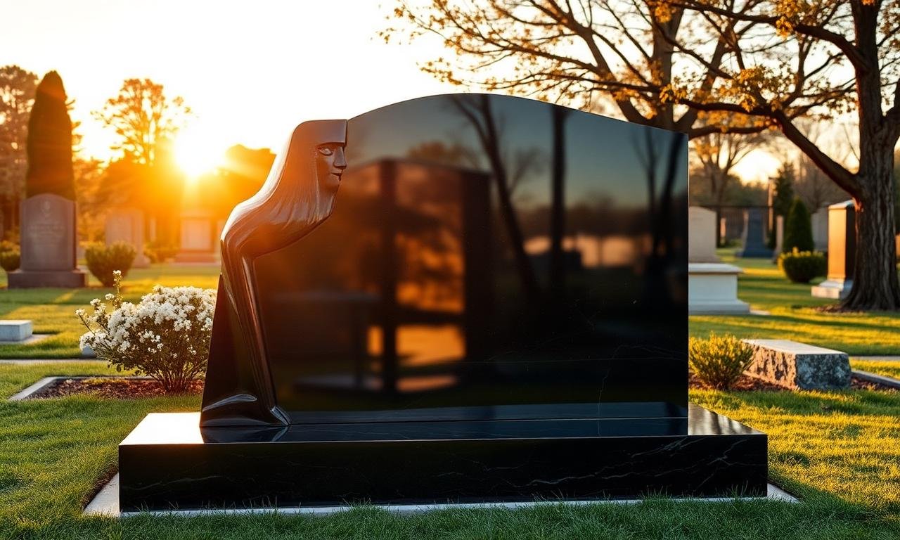 Polished Black Aswan Egyptian granite memorial monument at golden hour