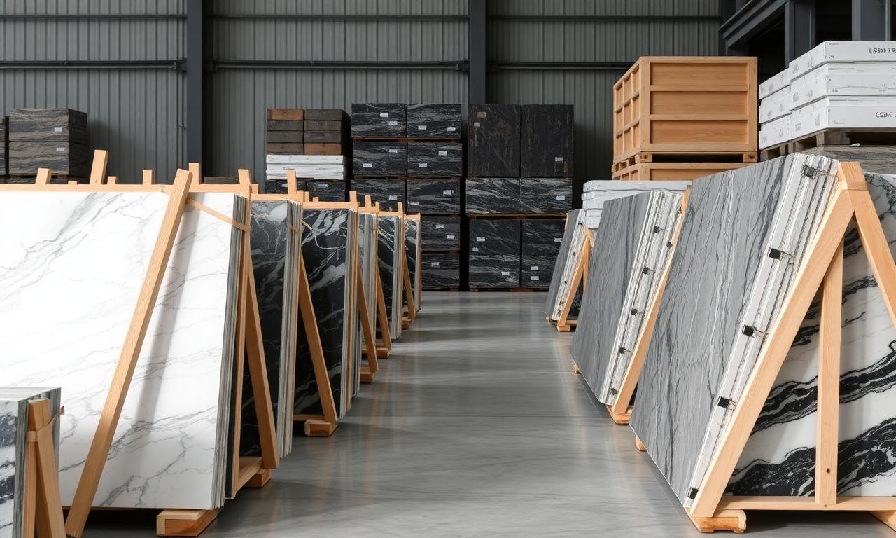 Polished Egyptian granite slabs packed in wooden A-frame export bundles ready for container loading