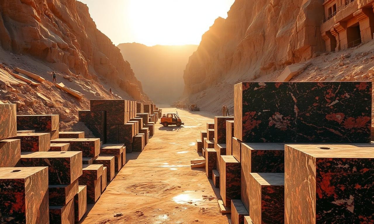 Egyptian granite quarry in Aswan with stacked blocks of red and black granite